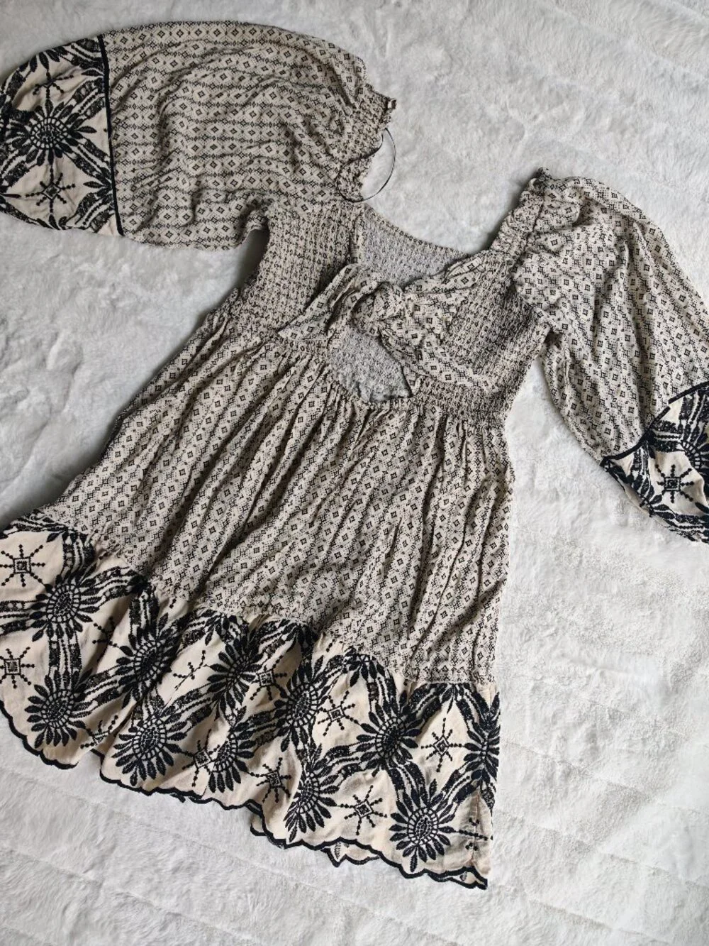 Tribal Femme French Oak Embroidered Mini Dress 2-Way Wear Boho Smocked Dress L - Picture 10 of 15